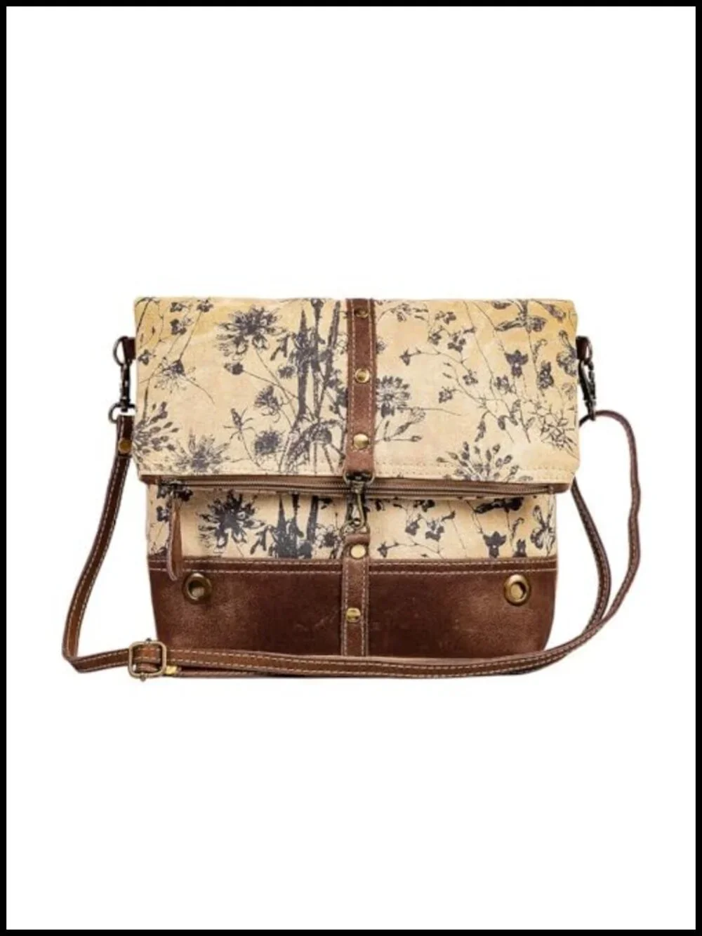 Upcycled Canvas & Leather Crossbody Bag with Floral Pattern